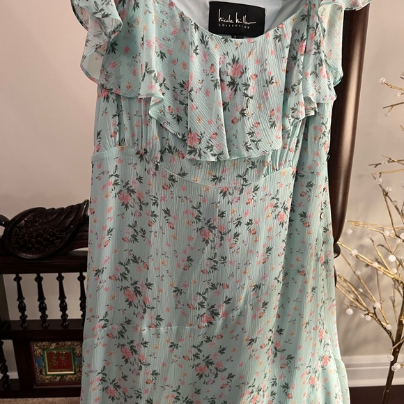 Nicole Miller floaty pale green chiffon dress with ruffle collar, asymmetric hem - Picture 11 of 13